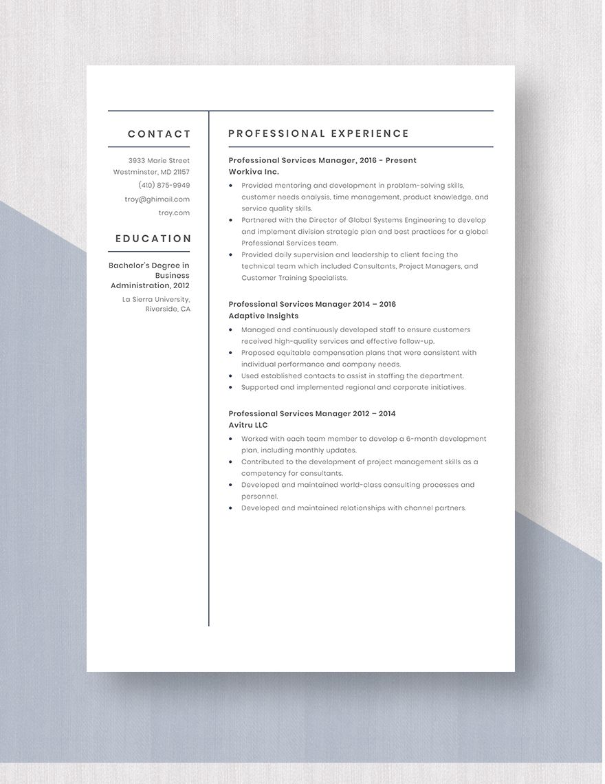 Professional Services Manager Resume