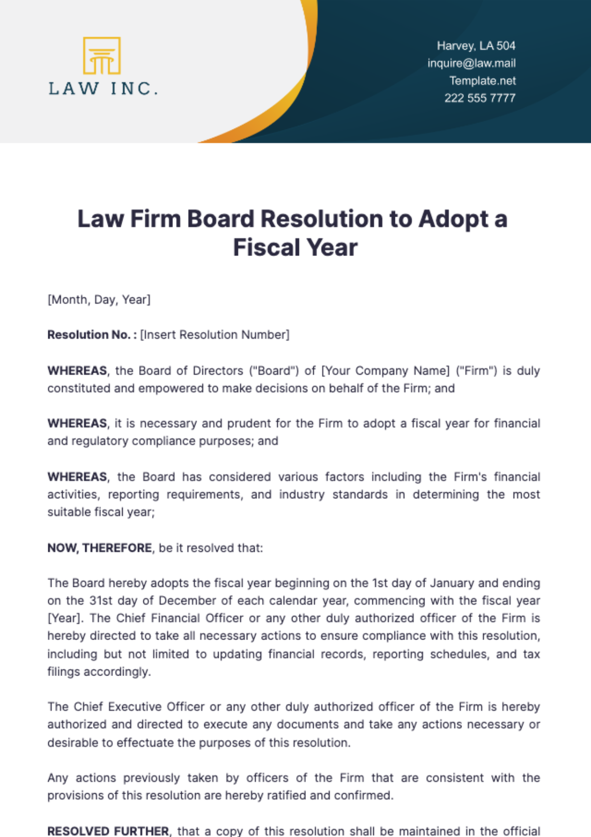 Law Firm Board Resolution to Adopt a Fiscal Year Template - Edit Online & Download