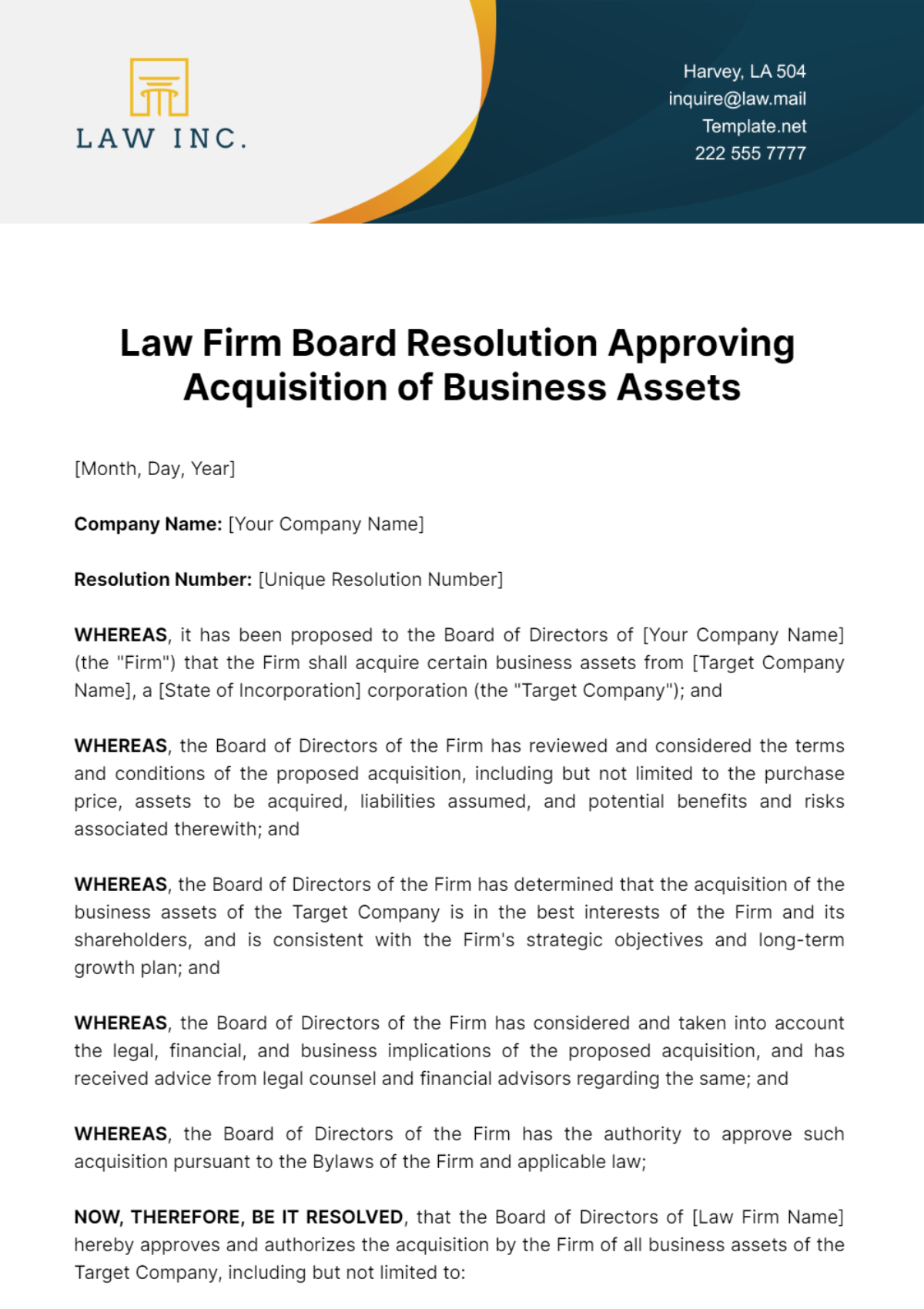 Law Firm Board Resolution Approving Acquisition of Business Assets Template