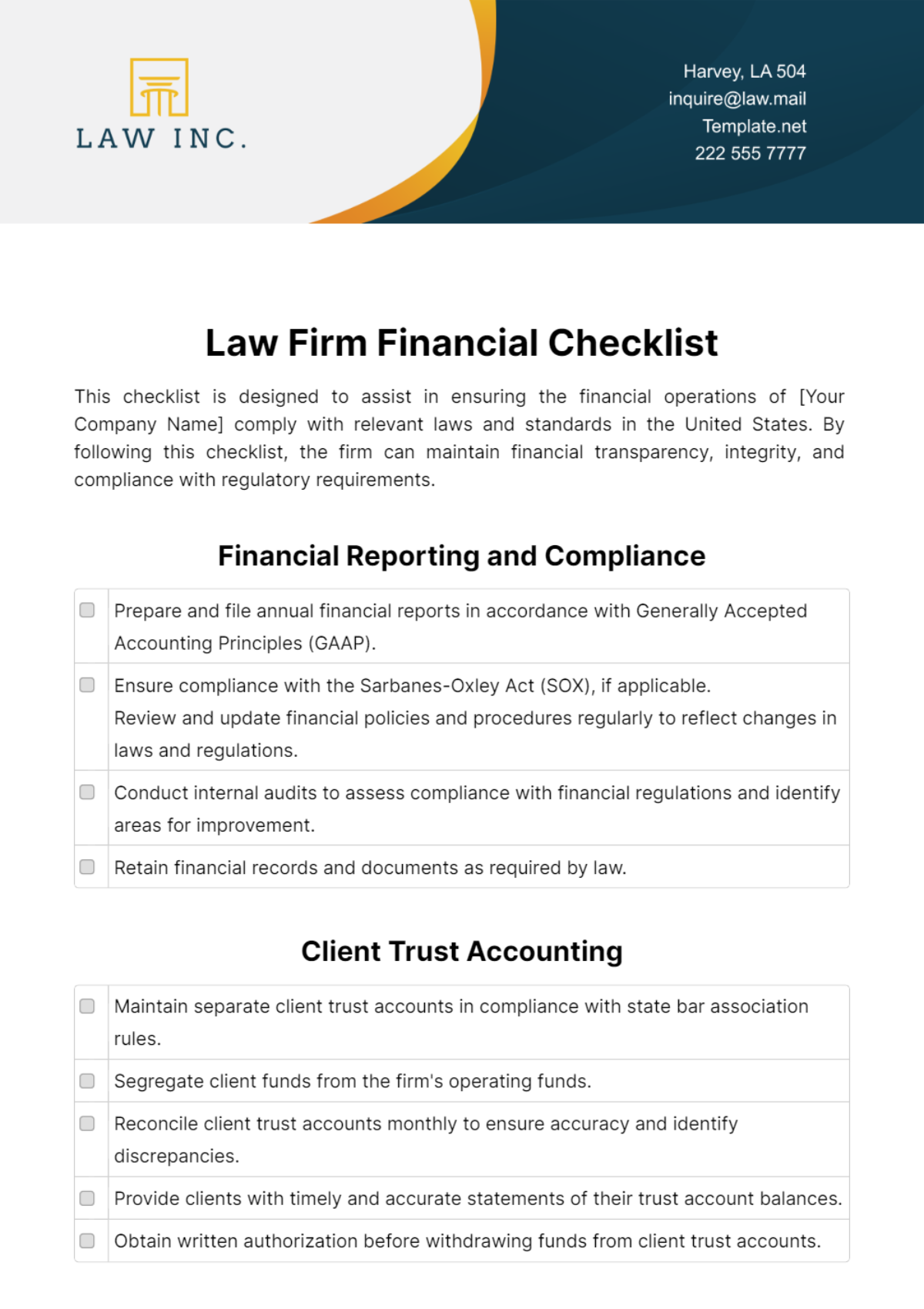 Law Firm Financial Checklist Template