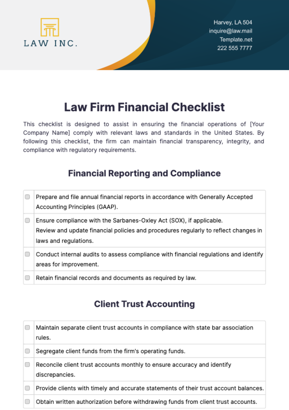 Law Firm Financial Checklist Template - Edit Online & Download