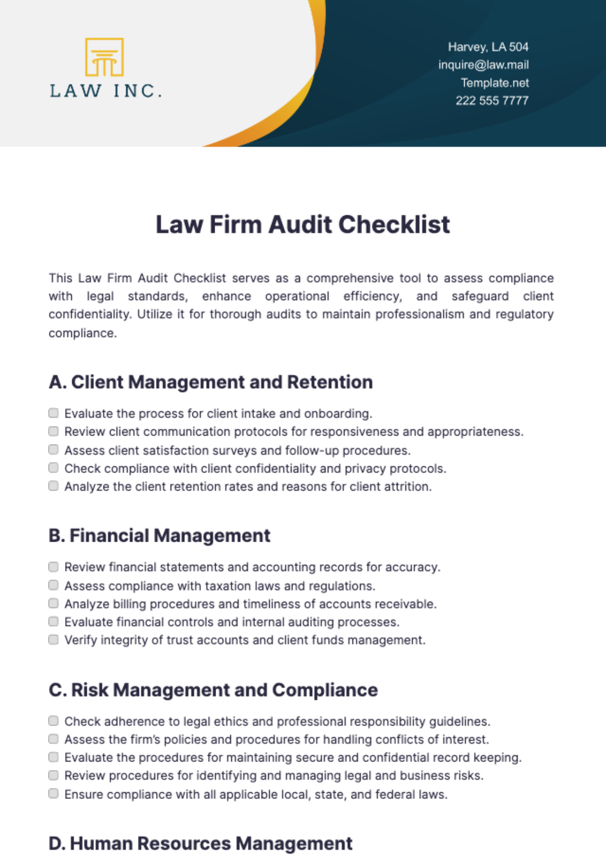 Law Firm Audit Checklist Template - Edit Online & Download