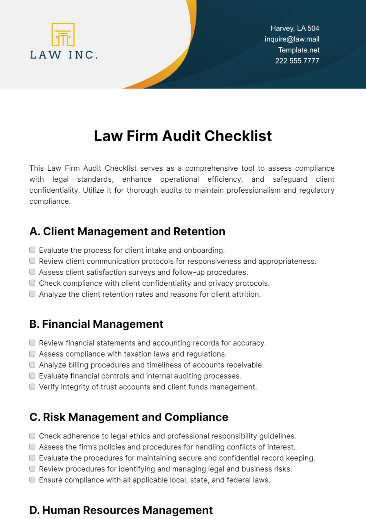 Free Law Firm Audit Checklist Template