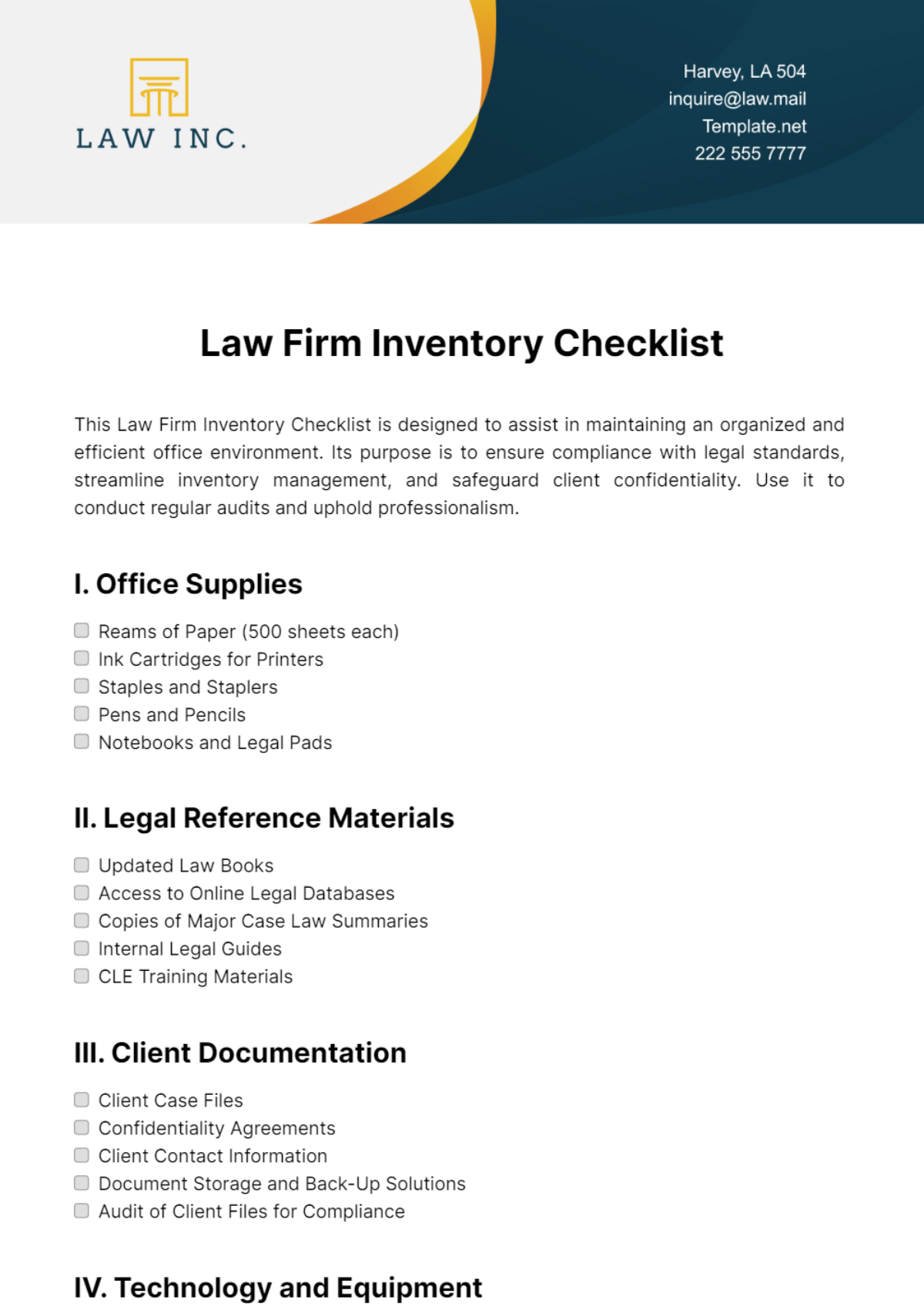 Law Firm Inventory Checklist Template