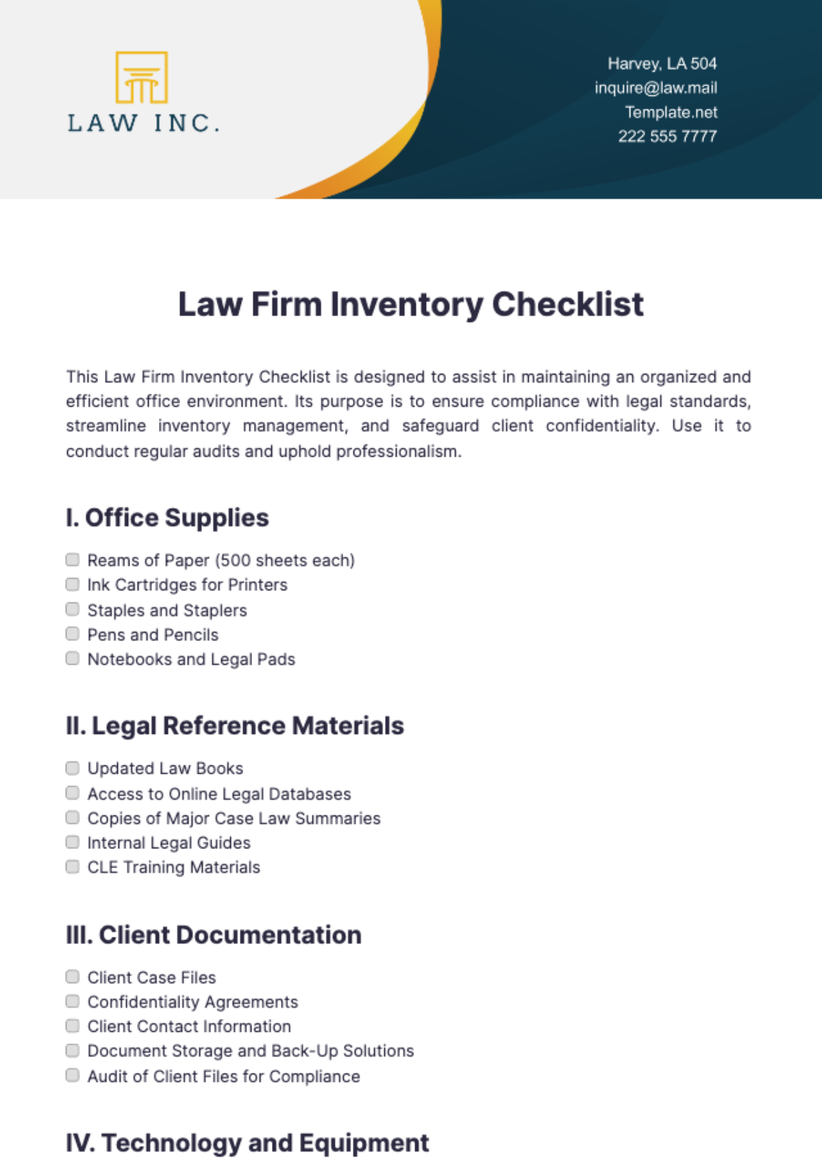 Law Firm Inventory Checklist Template - Edit Online & Download