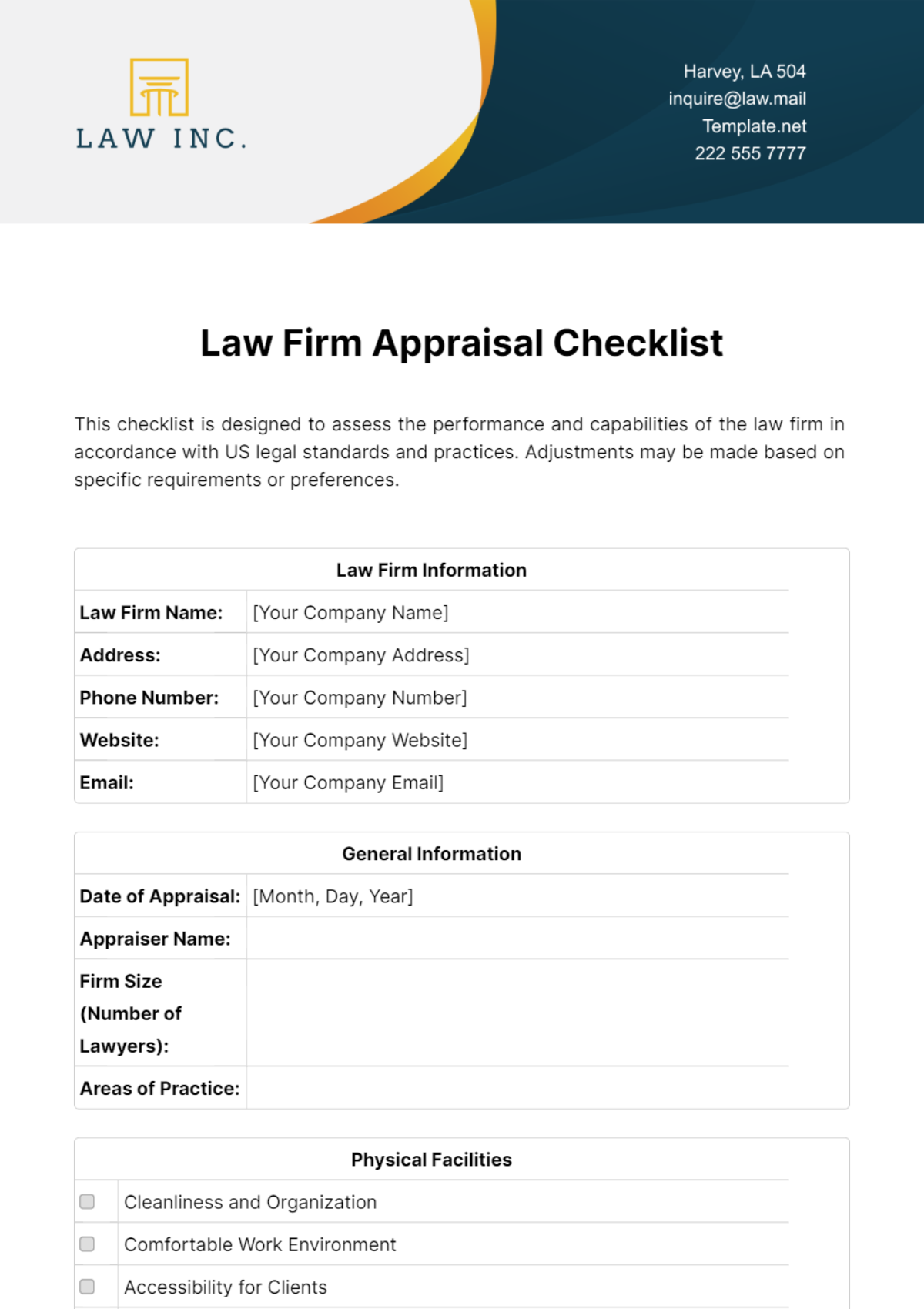 Law Firm Appraisal Checklist Template