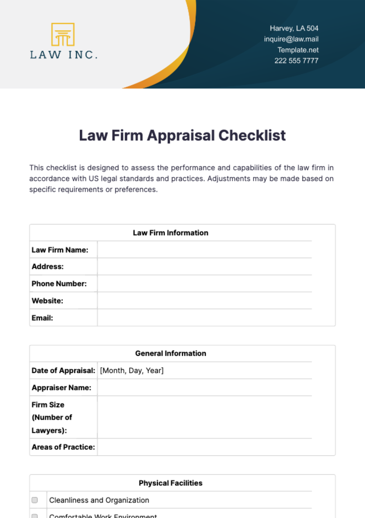 Law Firm Appraisal Checklist Template - Edit Online & Download