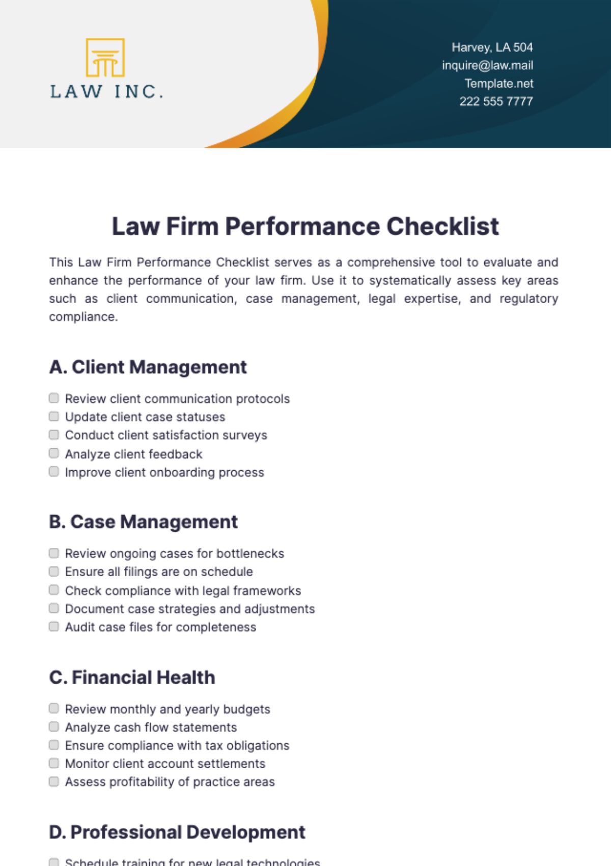 Law Firm Performance Checklist Template - Edit Online & Download