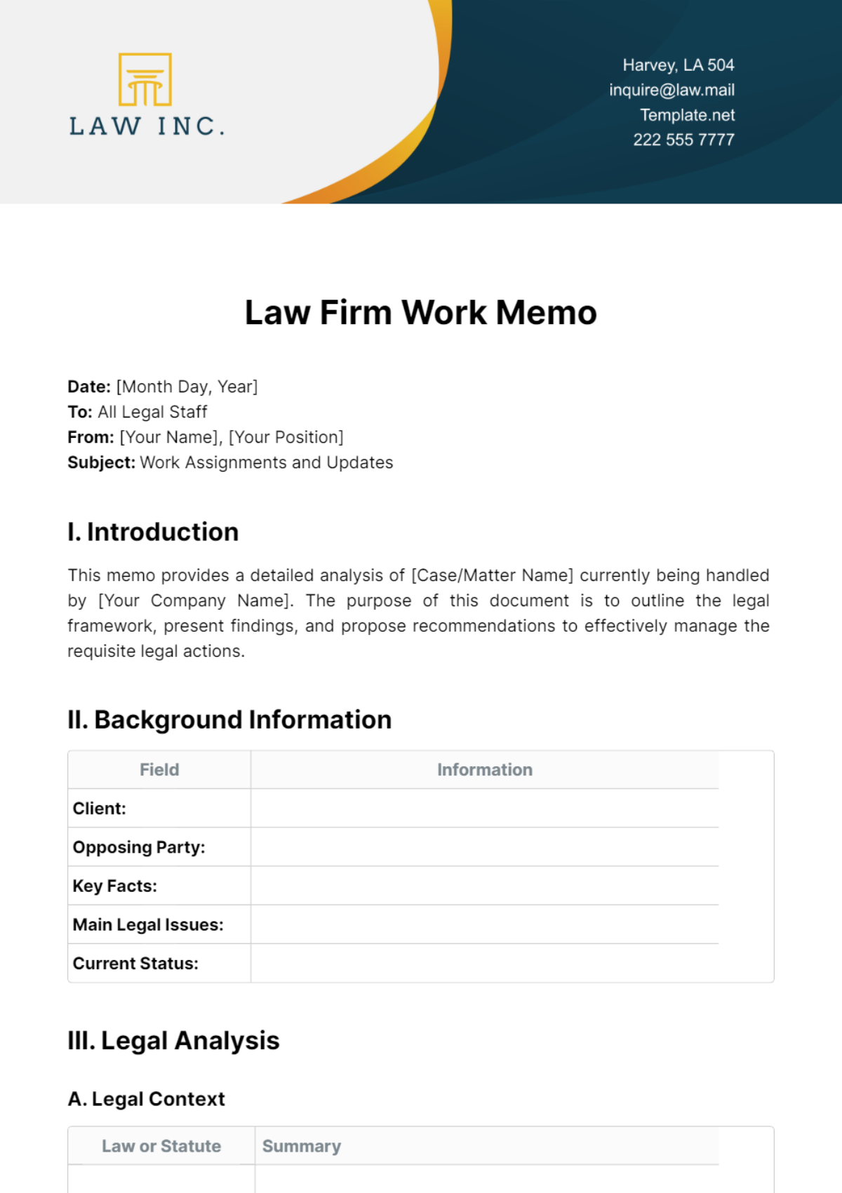 Law Firm Work Memo Template