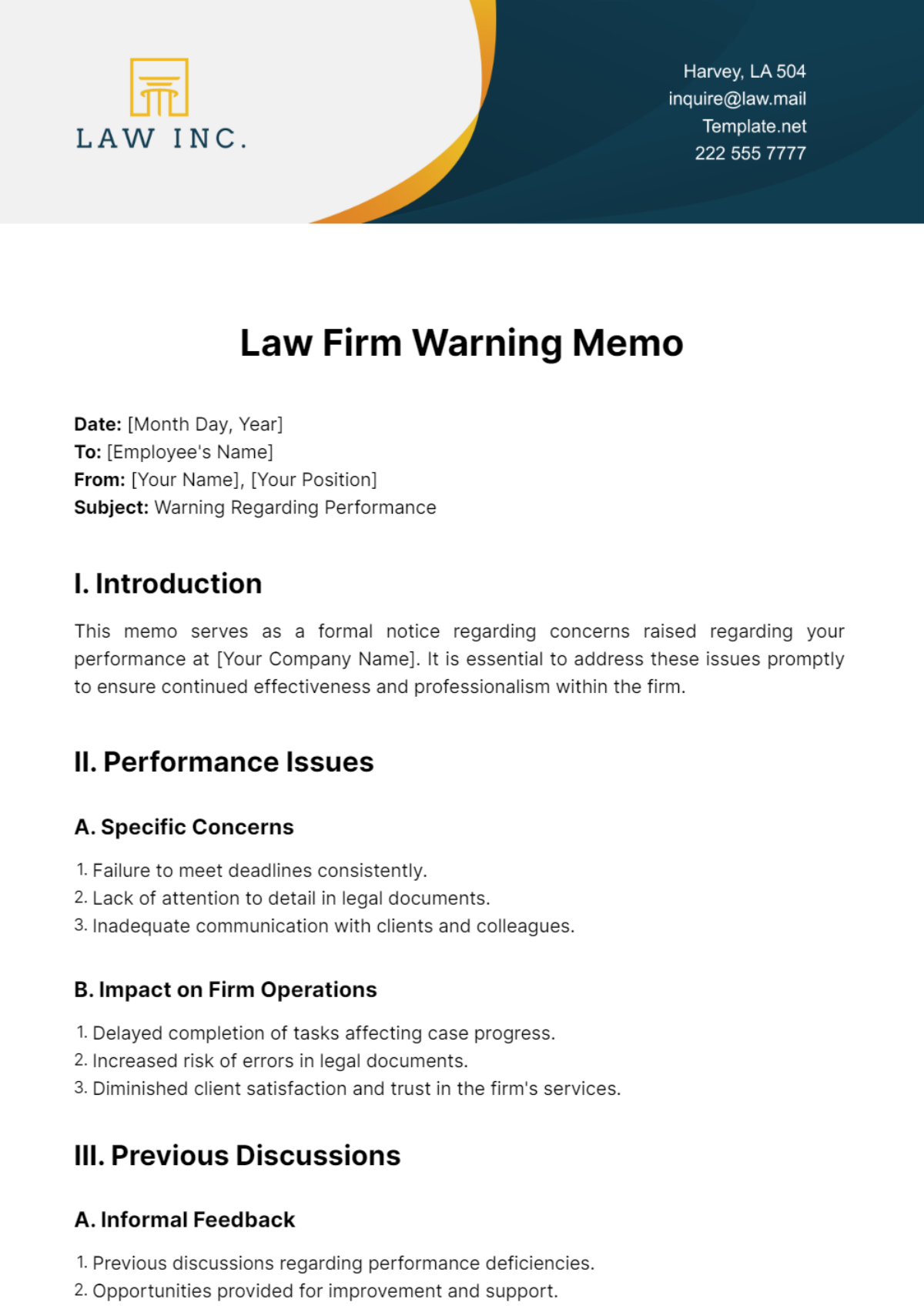 Law Firm Warning Memo Template