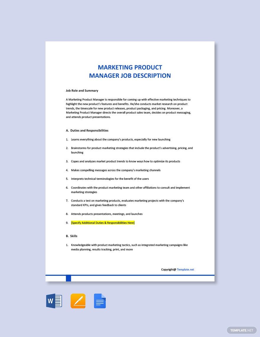 Marketing Product Manager Job Description in Google Docs, Word, Pages, PDF - Download | Template.net