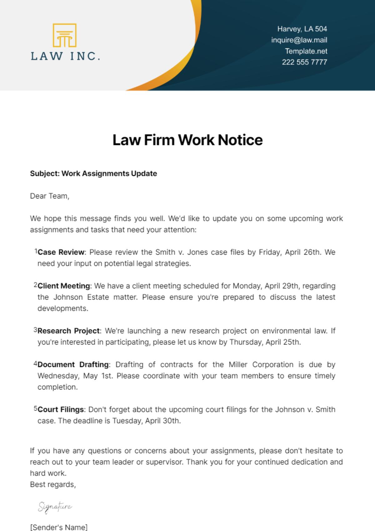 Free Law Firm Work Notice Template