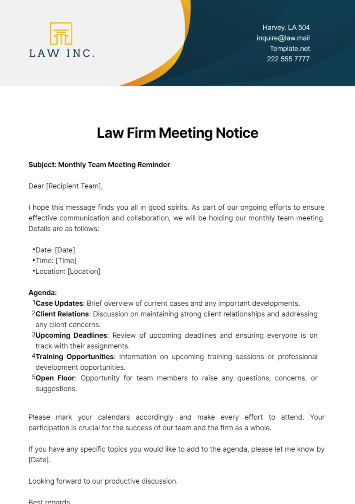 Law Firm Meeting Notice Template