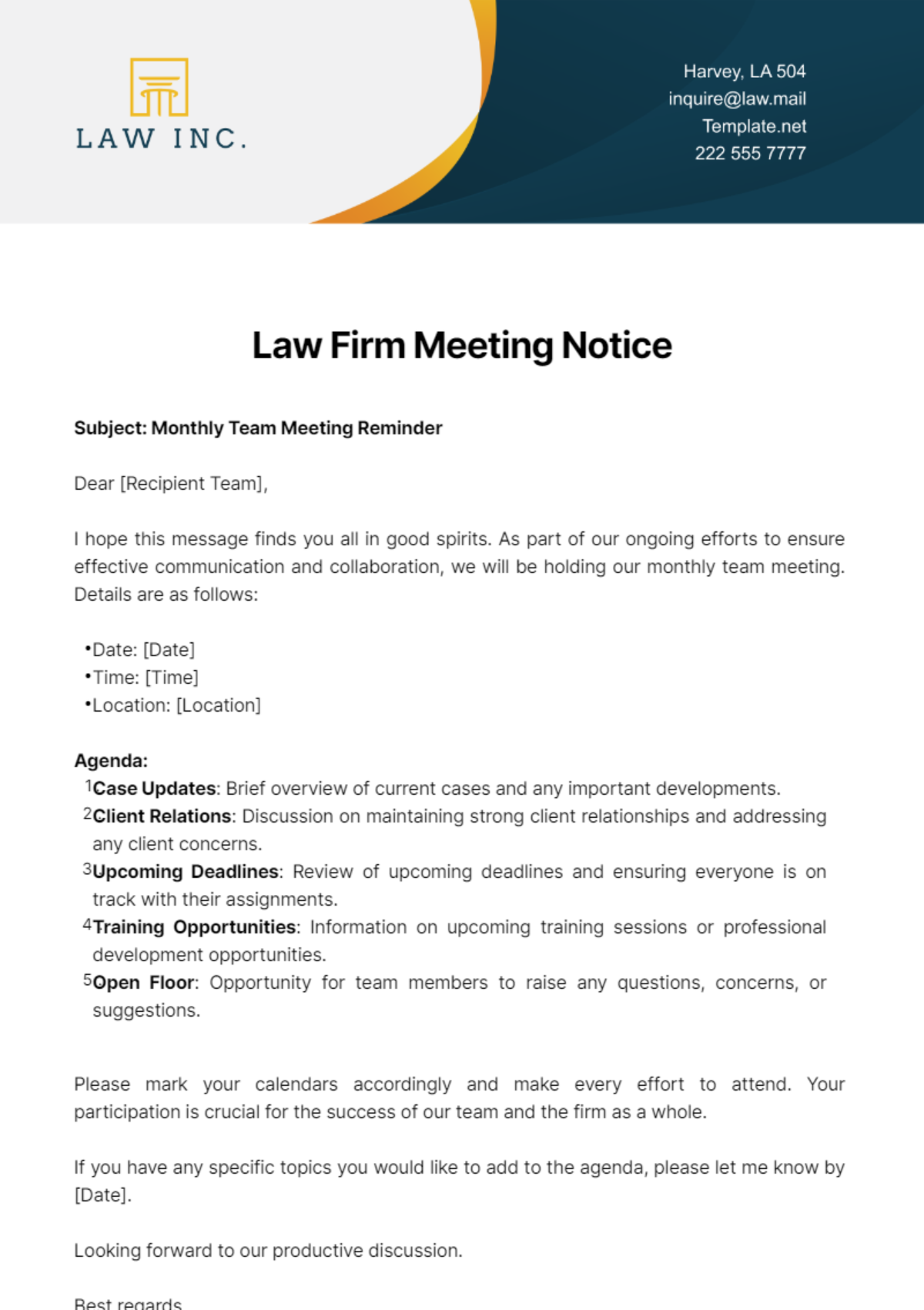 Law Firm Meeting Notice Template - Edit Online & Download