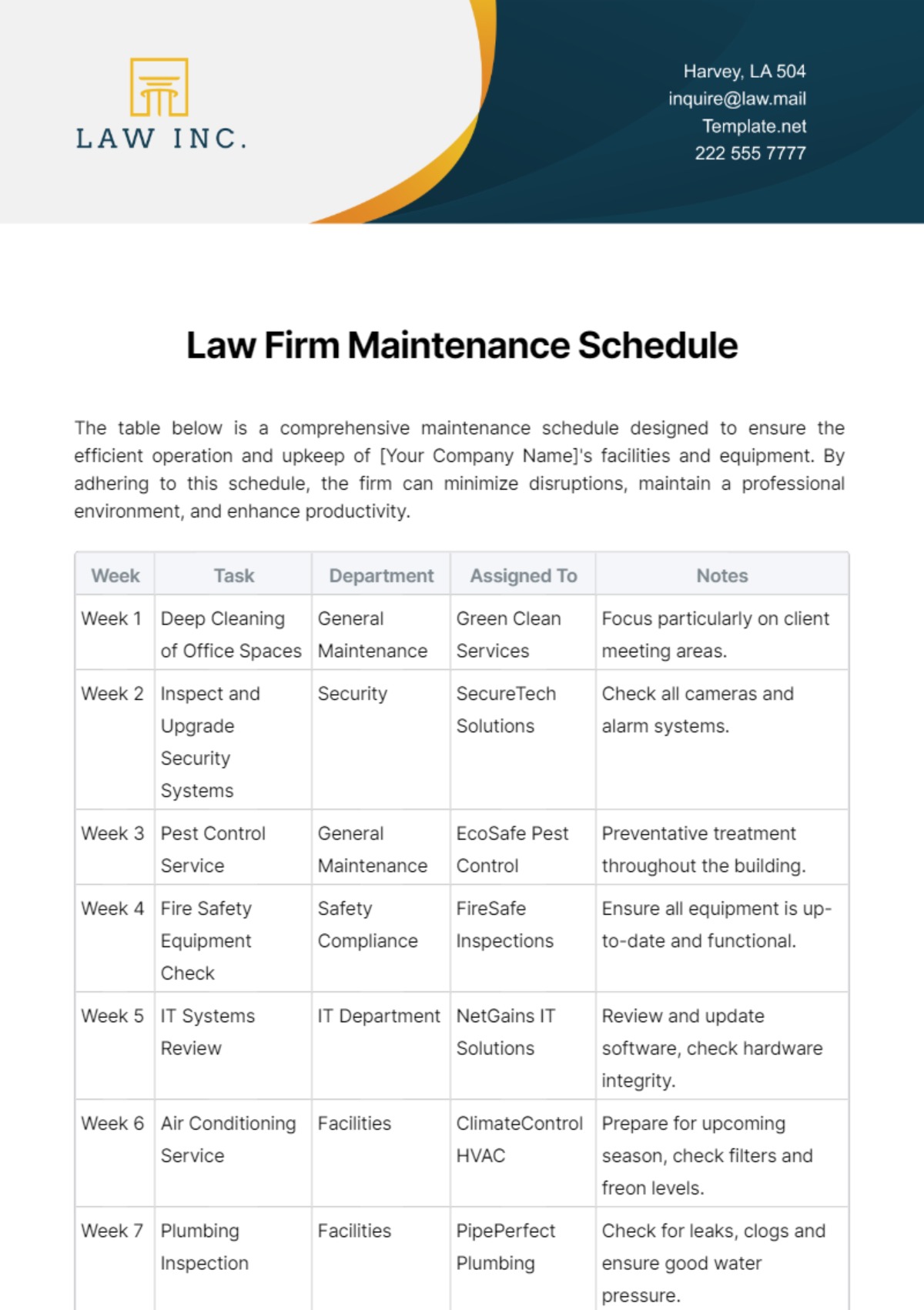 Law Firm Maintenance Schedule Template
