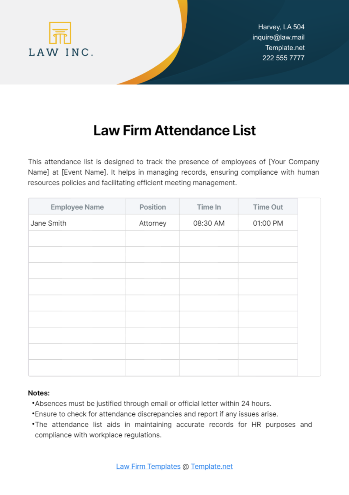 Law Firm Attendance List Template