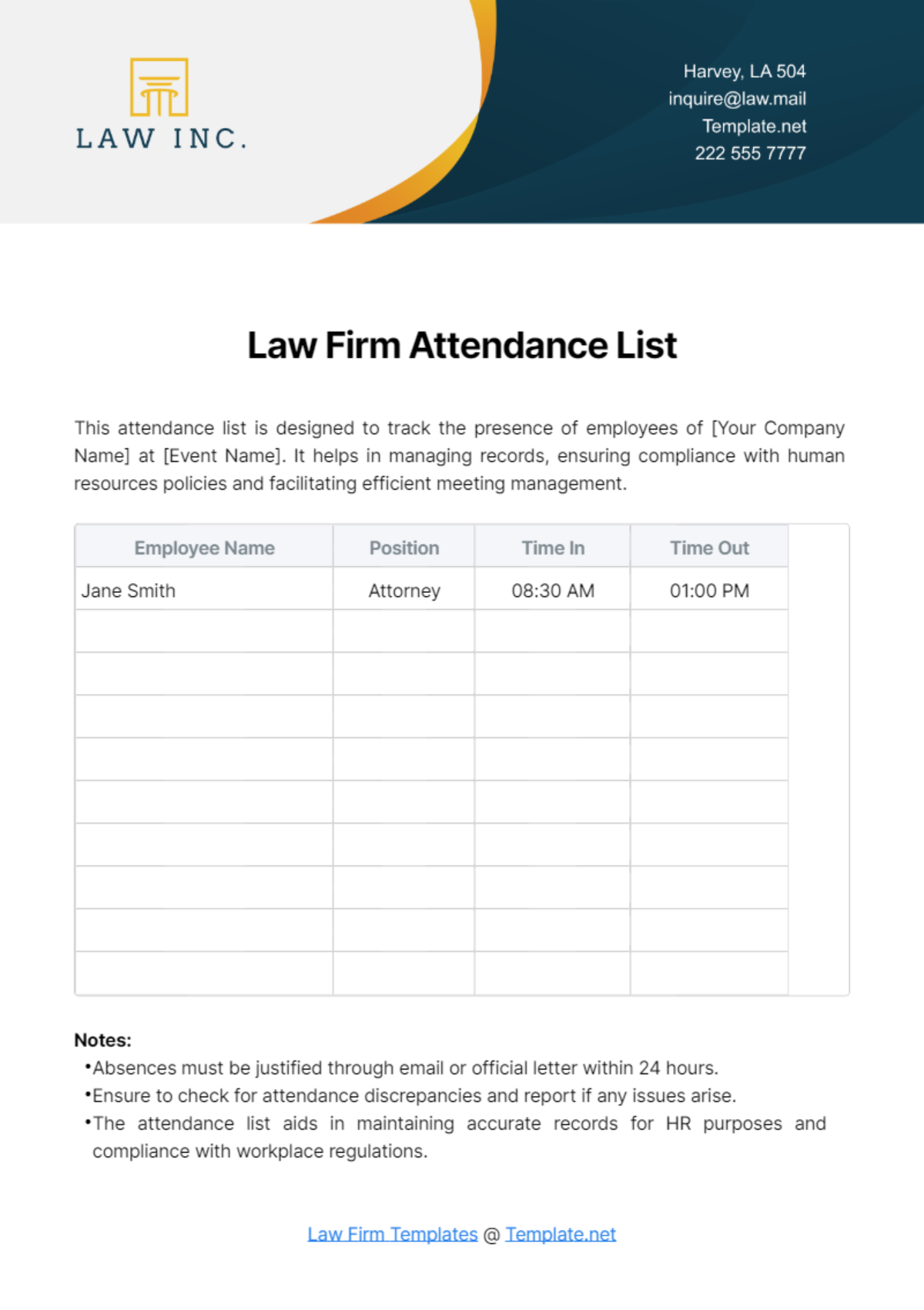 Law Firm Attendance List Template - Edit Online & Download