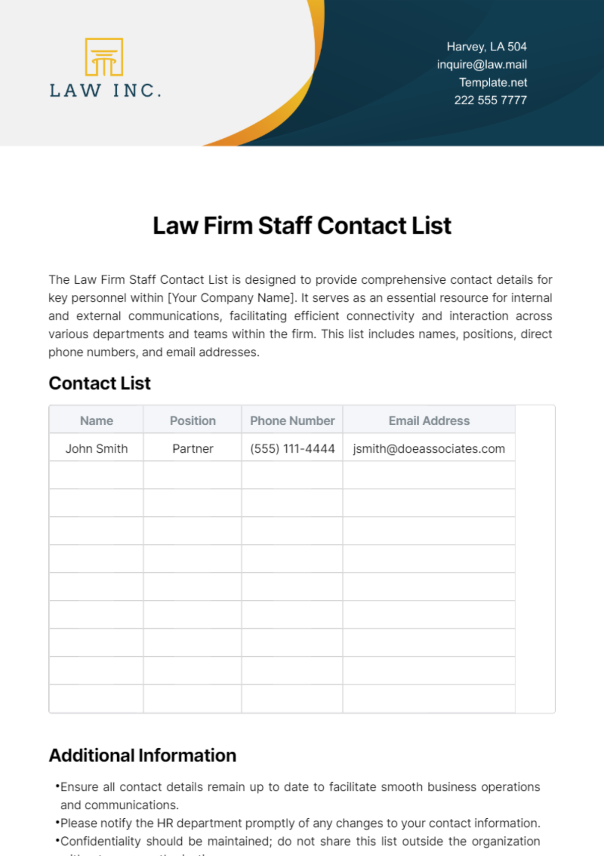 Law Firm Staff Contact List Template