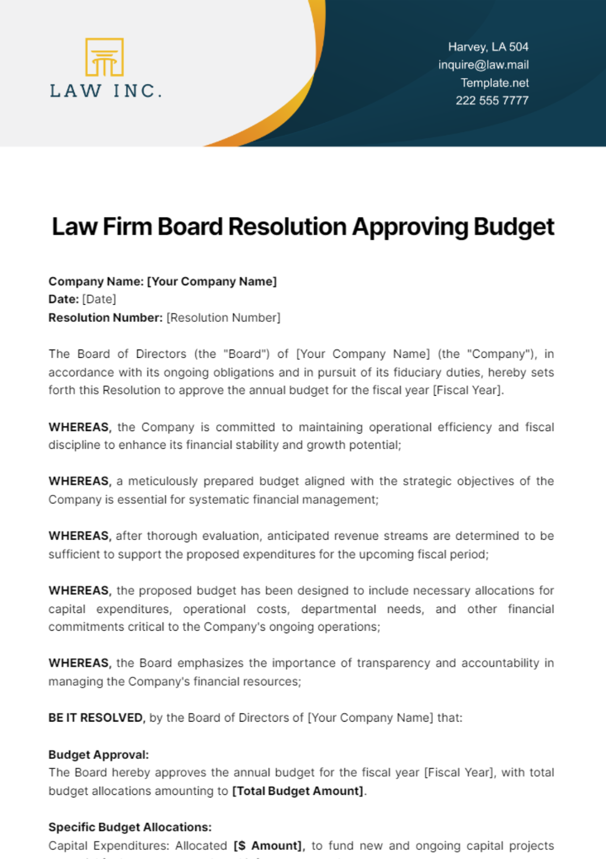 Law Firm Board Resolution Approving Budget Template