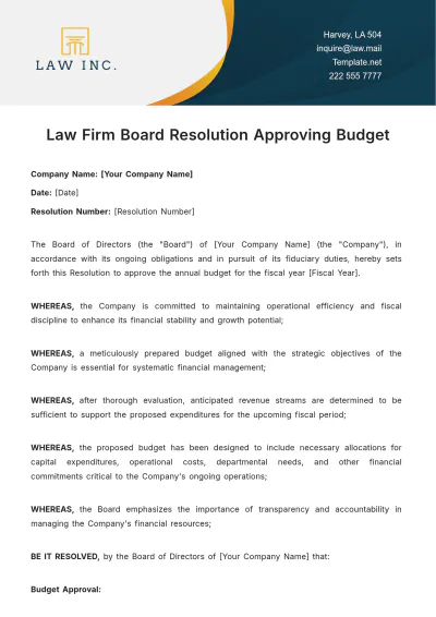 Free Law Firm Board Resolution Approving Budget Template to Edit Online