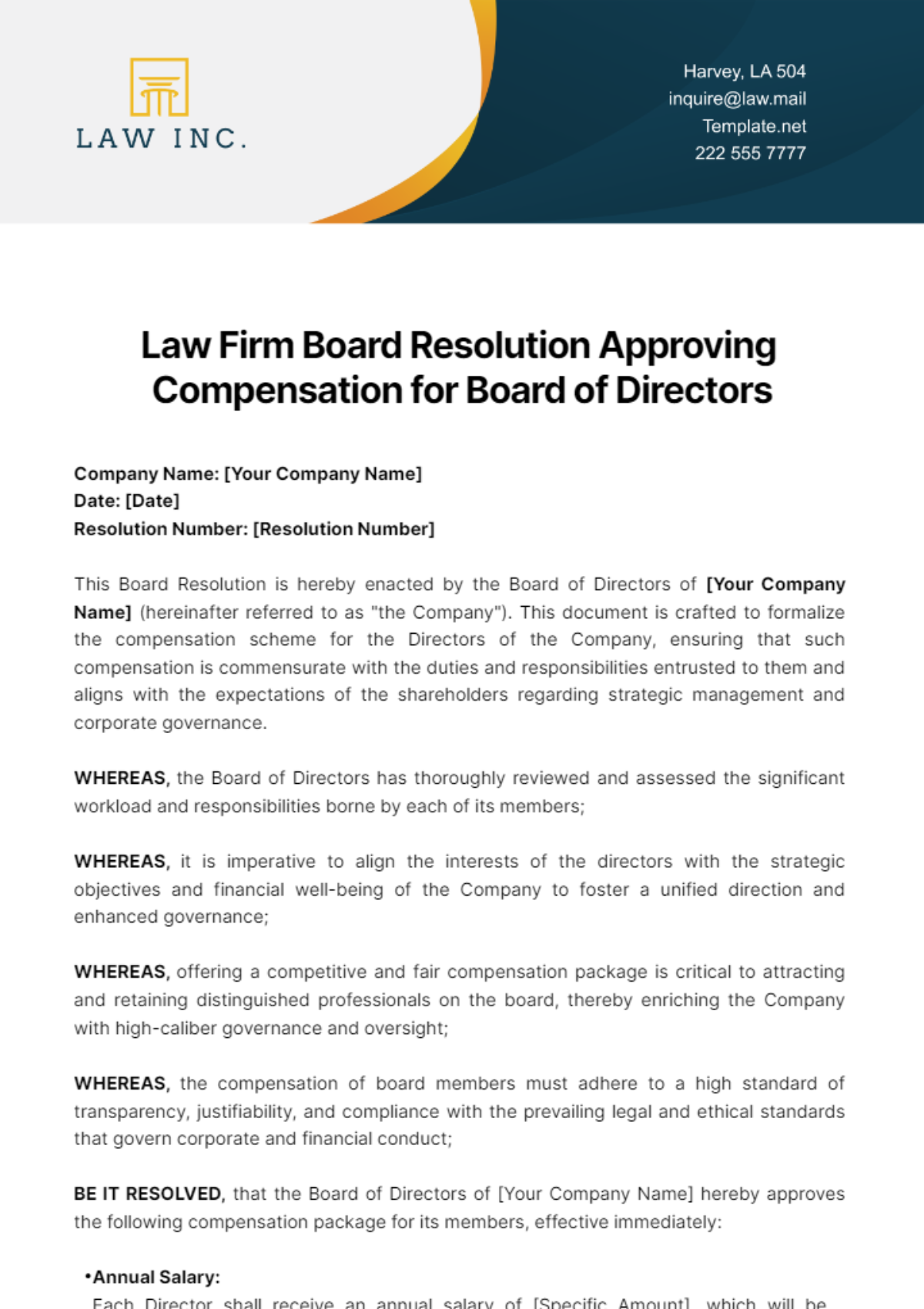 Law Firm Board Resolution Approving Compensation for Board of Directors Template