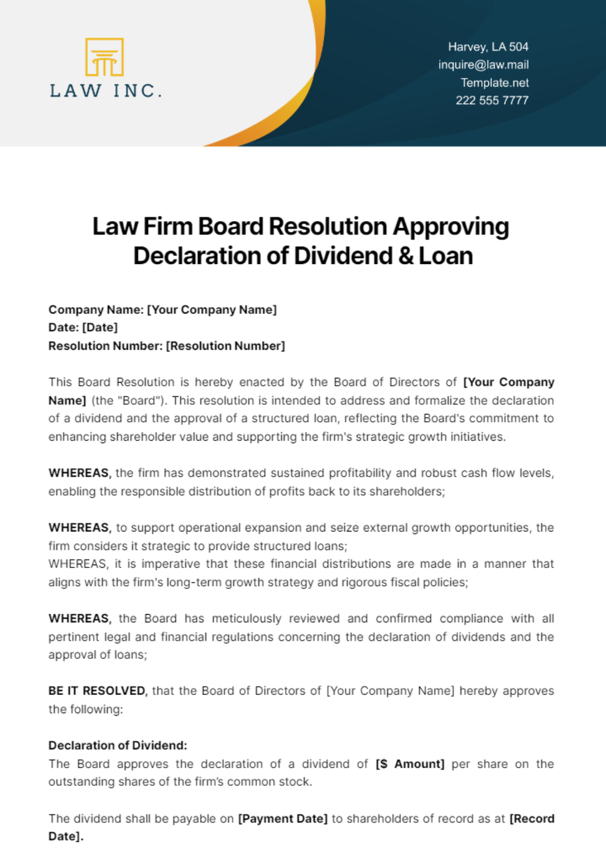 Law Firm Board Resolution Approving Declaration of Dividend & Loan Template