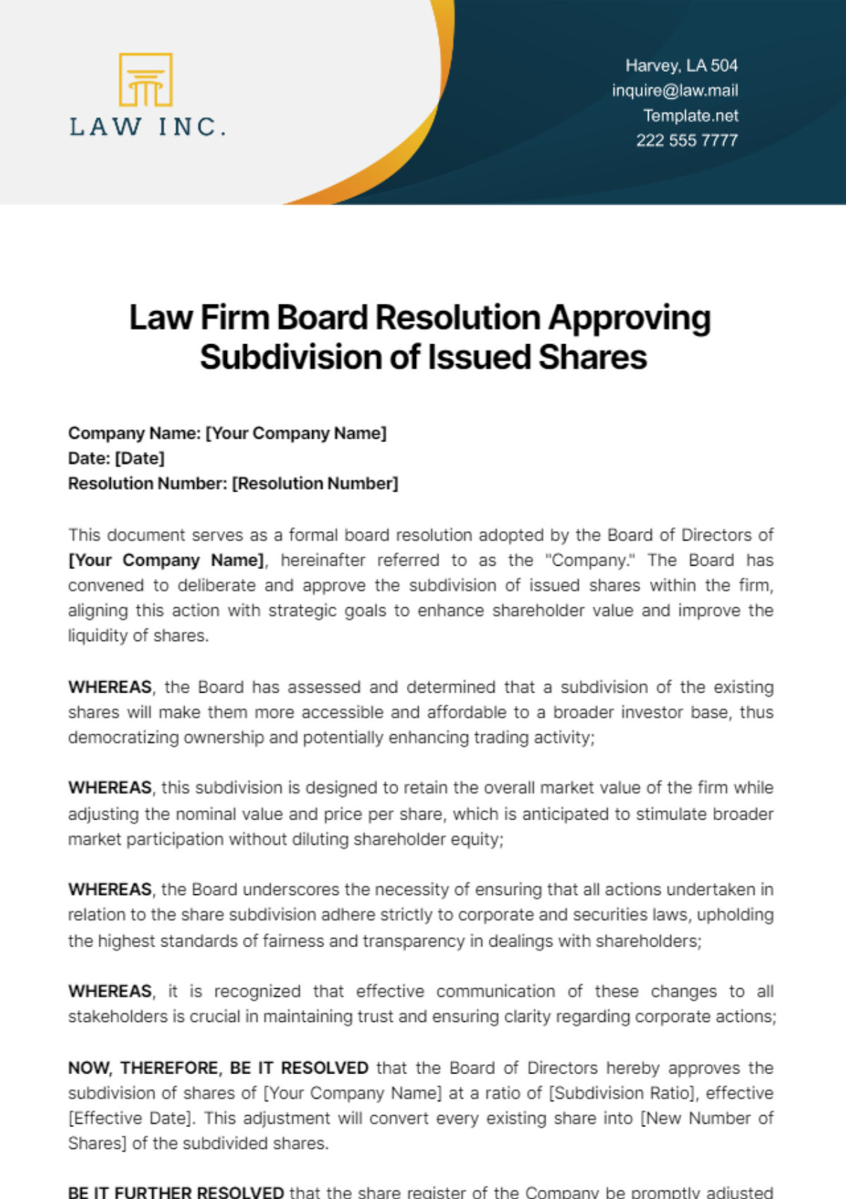 Law Firm Board Resolution Approving Subdivision of Issued Shares Template