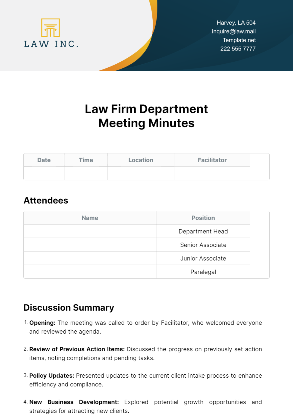 Law Firm Department Meeting Minutes Template