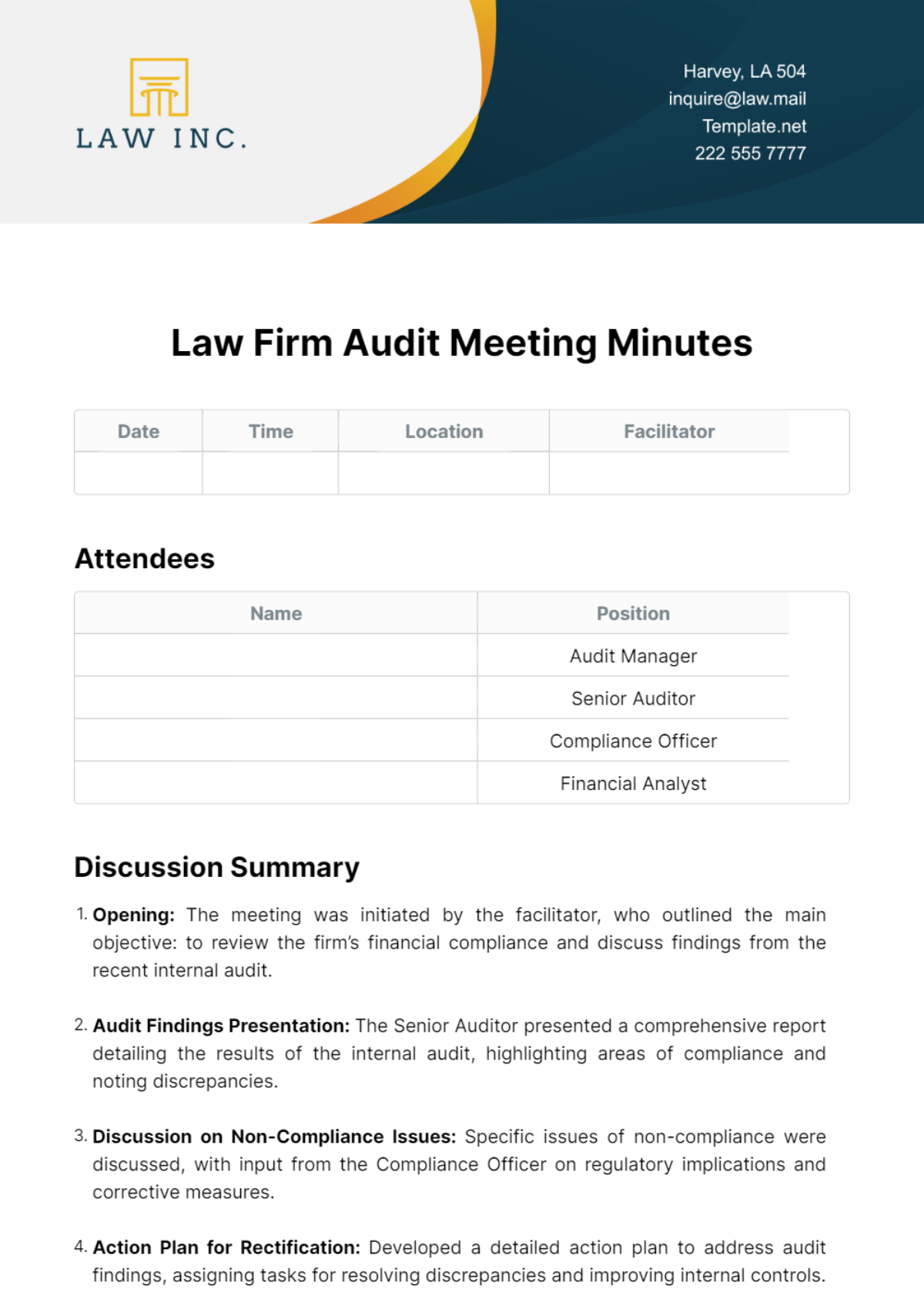 Free Law Firm Audit Meeting Minutes Template