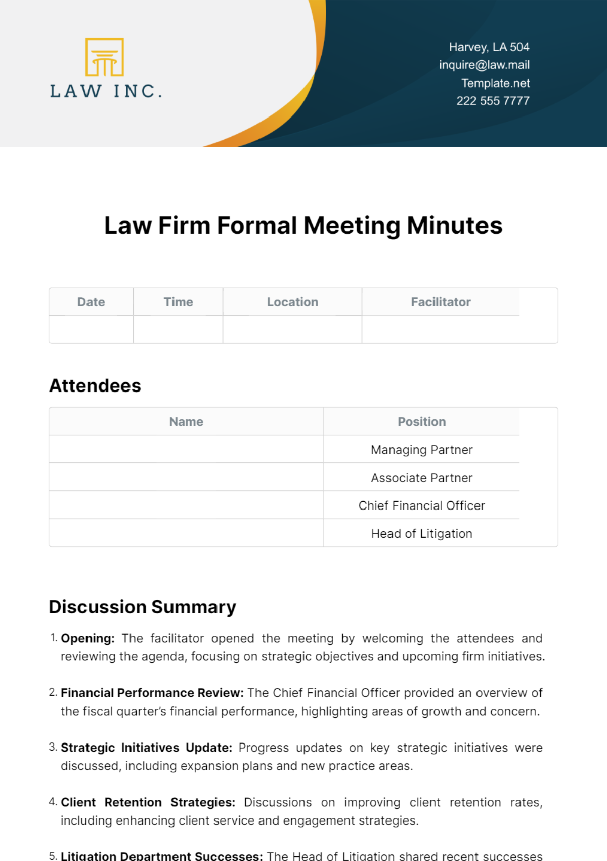 Free Law Firm Formal Meeting Minutes Template