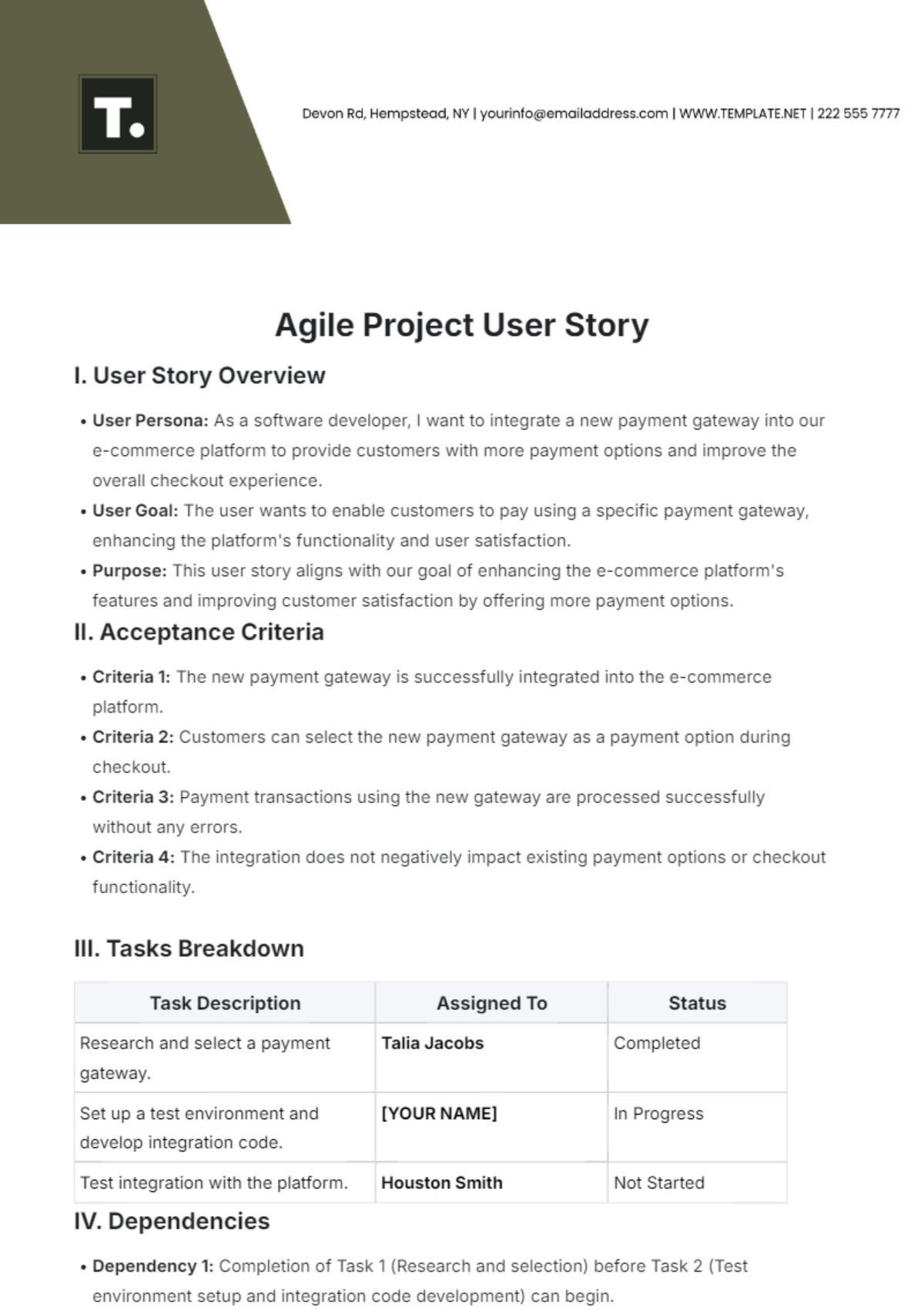 Agile Project User Story Template - Edit Online & Download