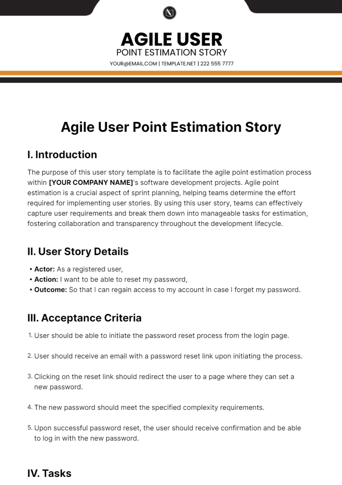 Agile User Point Estimation Story Template