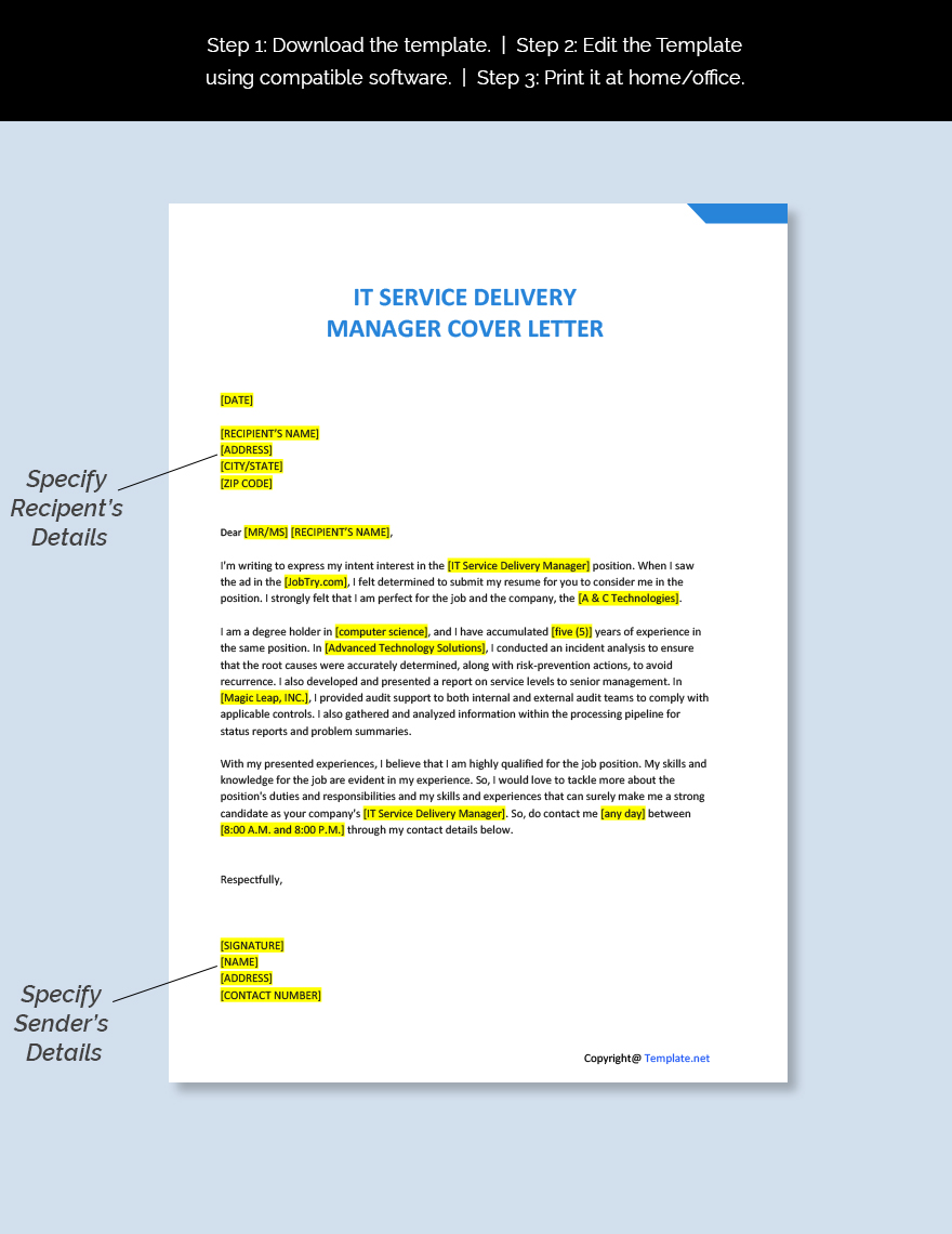 IT Service Delivery Manager Cover Letter