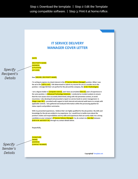 IT Service Delivery Manager Cover Letter Template