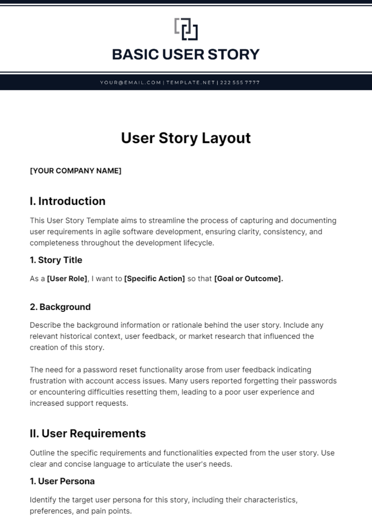 Free User Story Layout Template