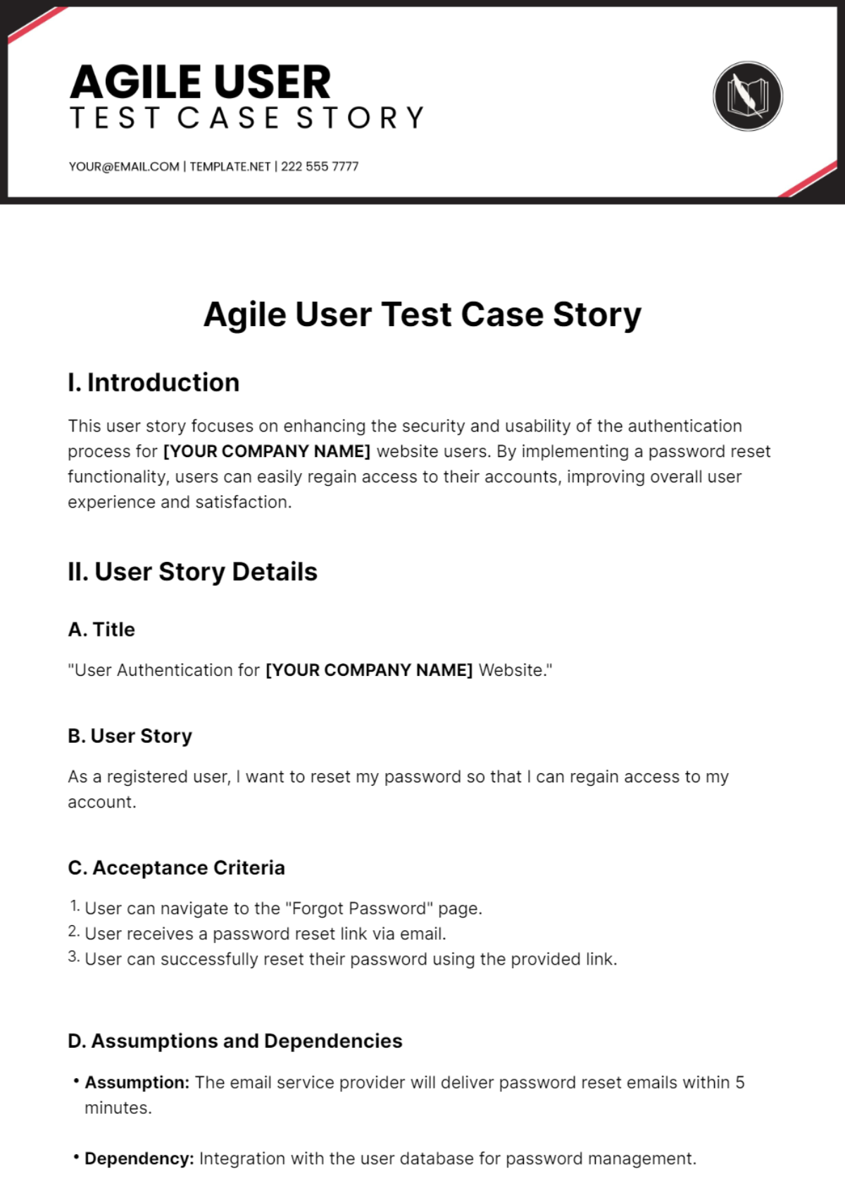 Agile User Test Case Story Template