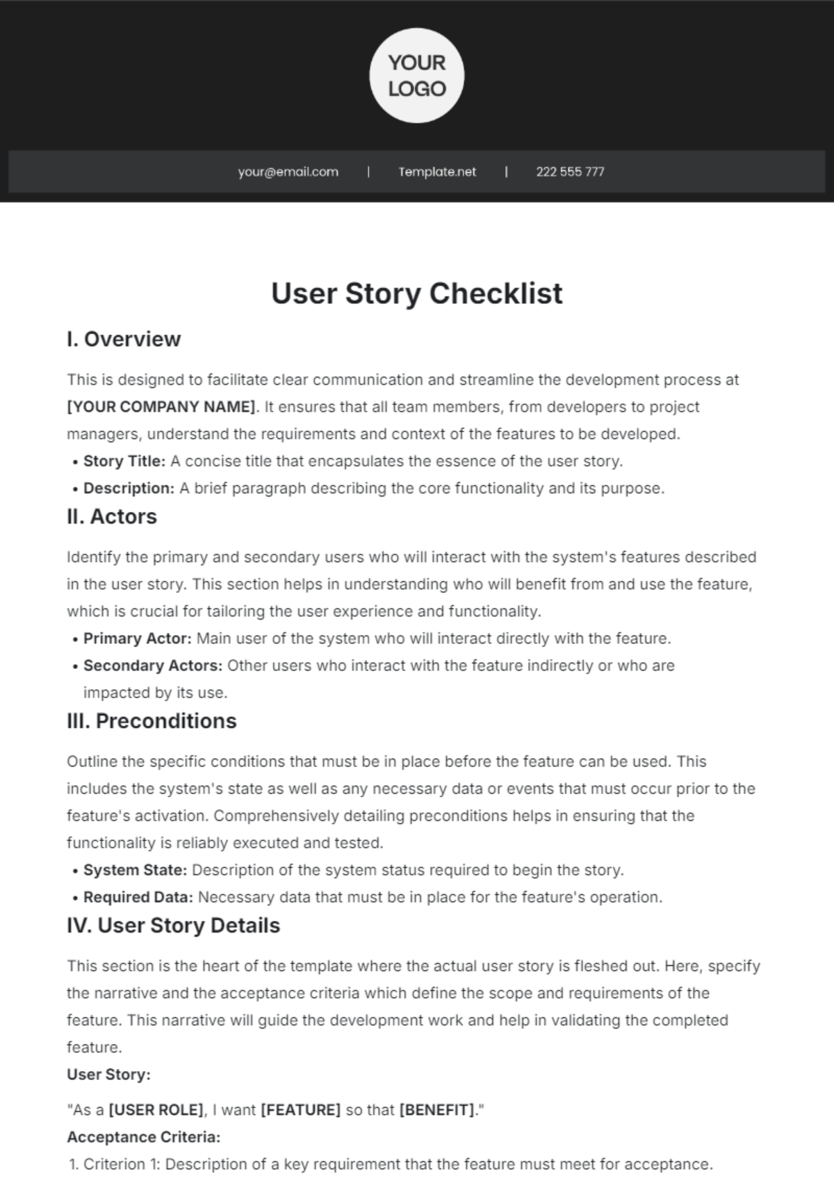 User Story Checklist Template - Edit Online & Download