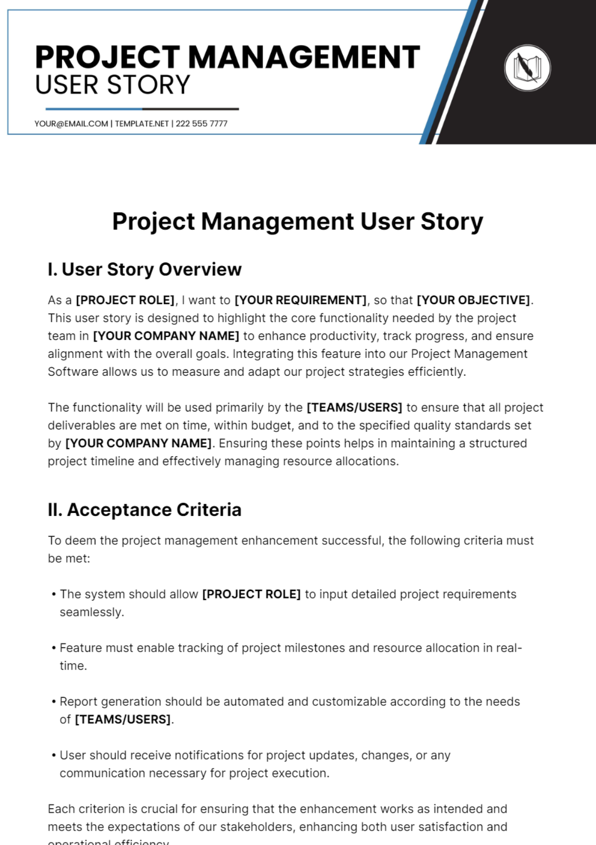 Project Management User Story Template