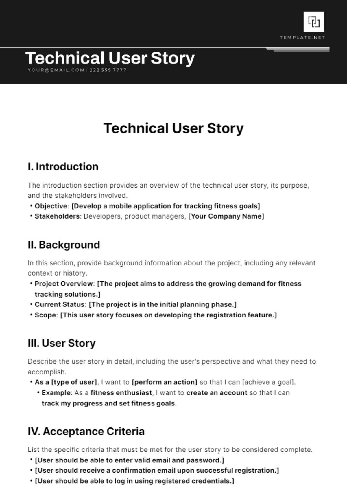 Free Technical User Story Template