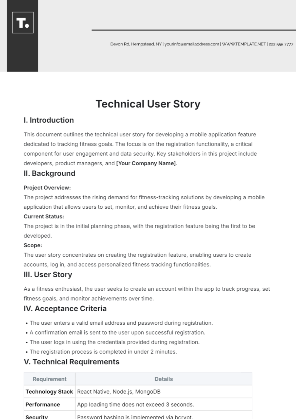 Technical User Story Template - Edit Online & Download