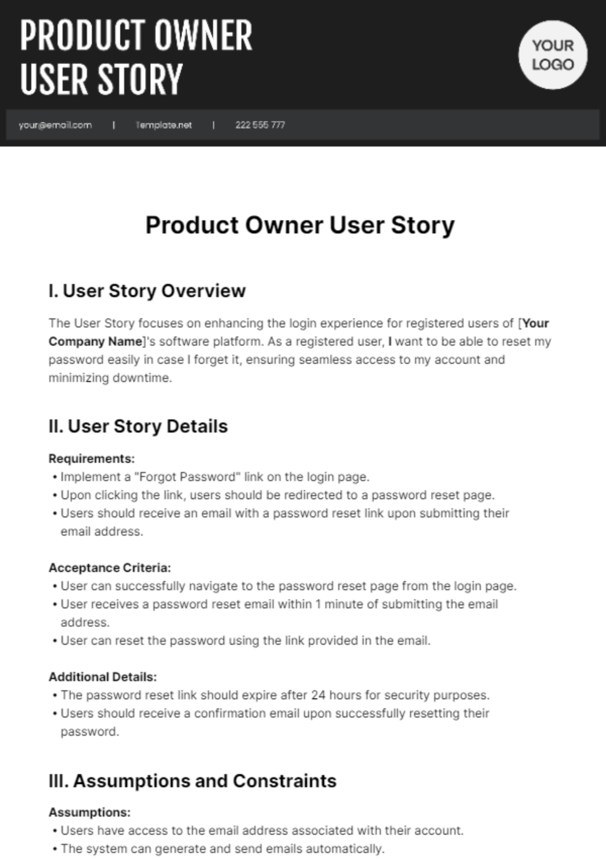 Free Product Owner User Story Template