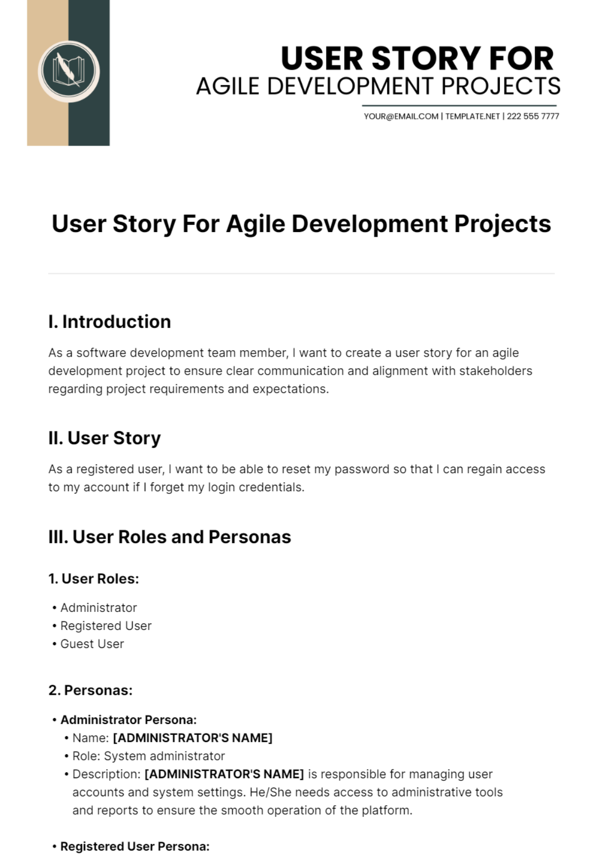 User Story For Agile Development Projects Template