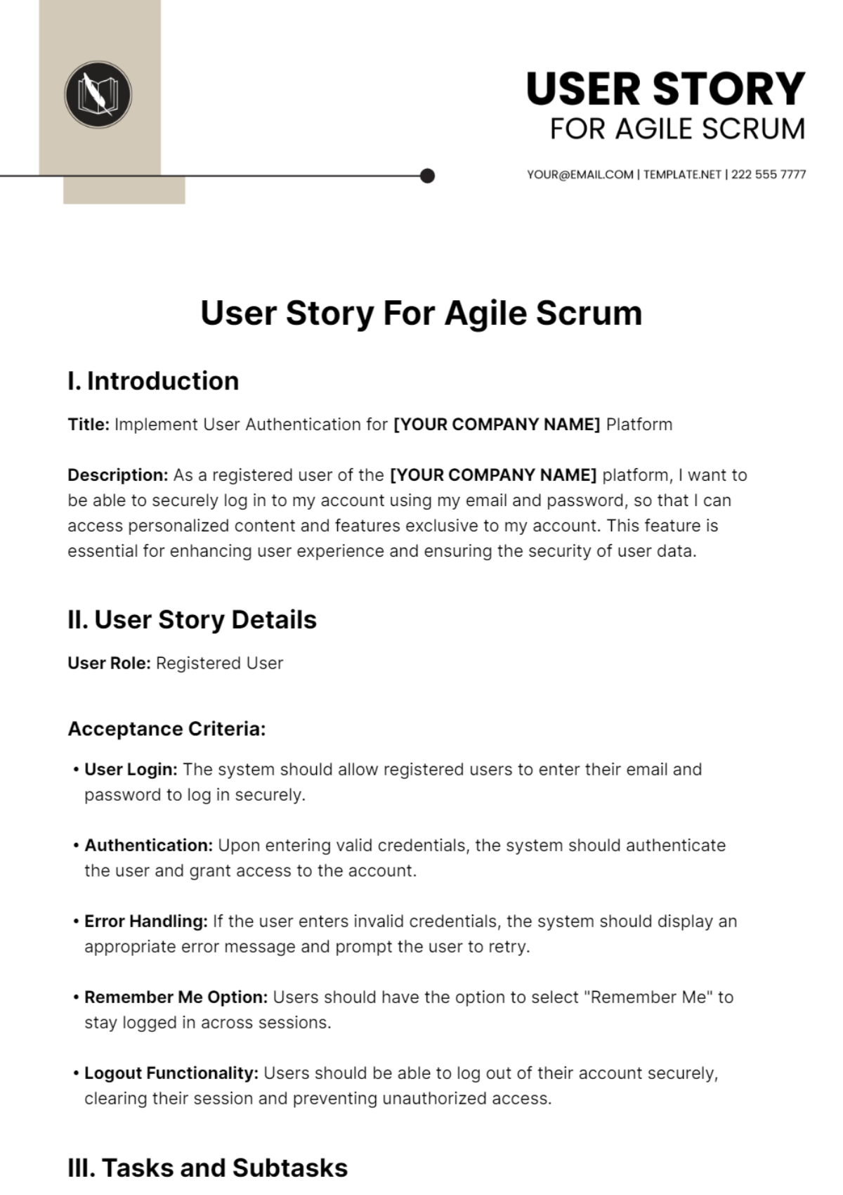 Free User Story For Agile Scrum Template