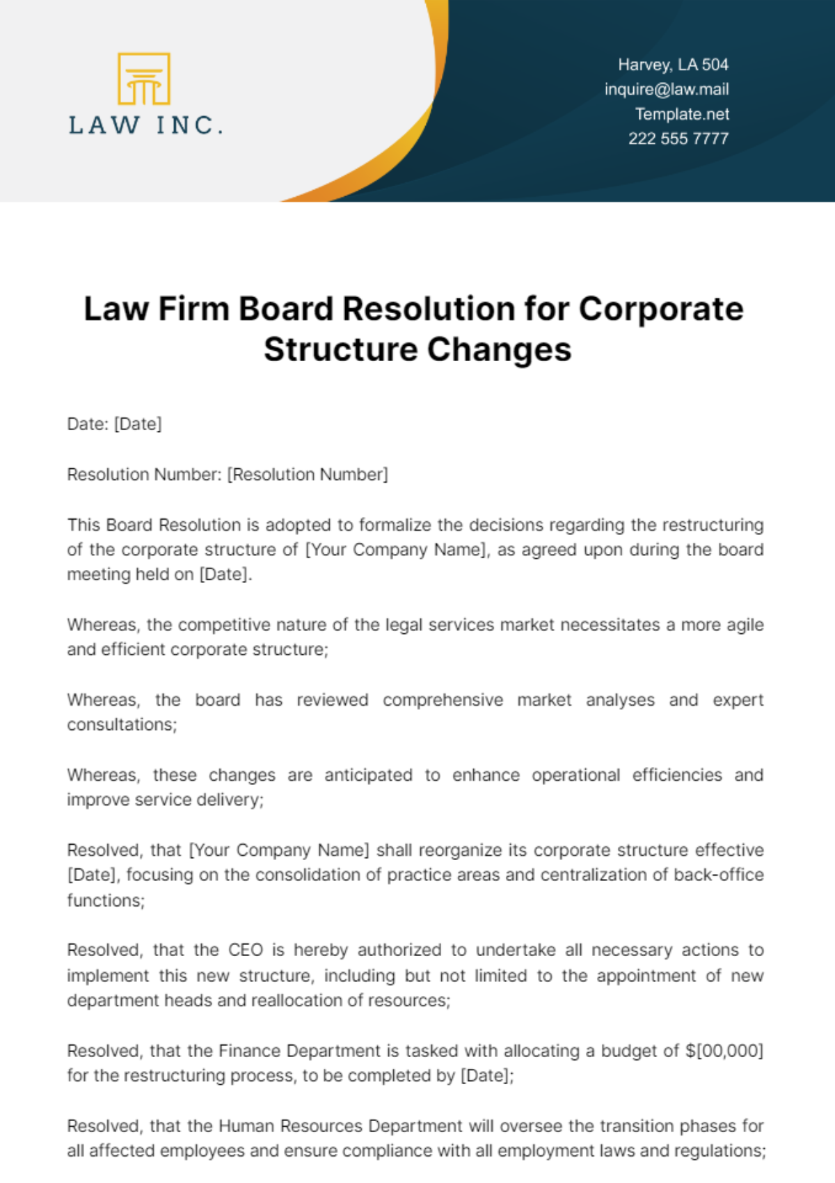 Law Firm Board Resolution for Corporate Structure Changes