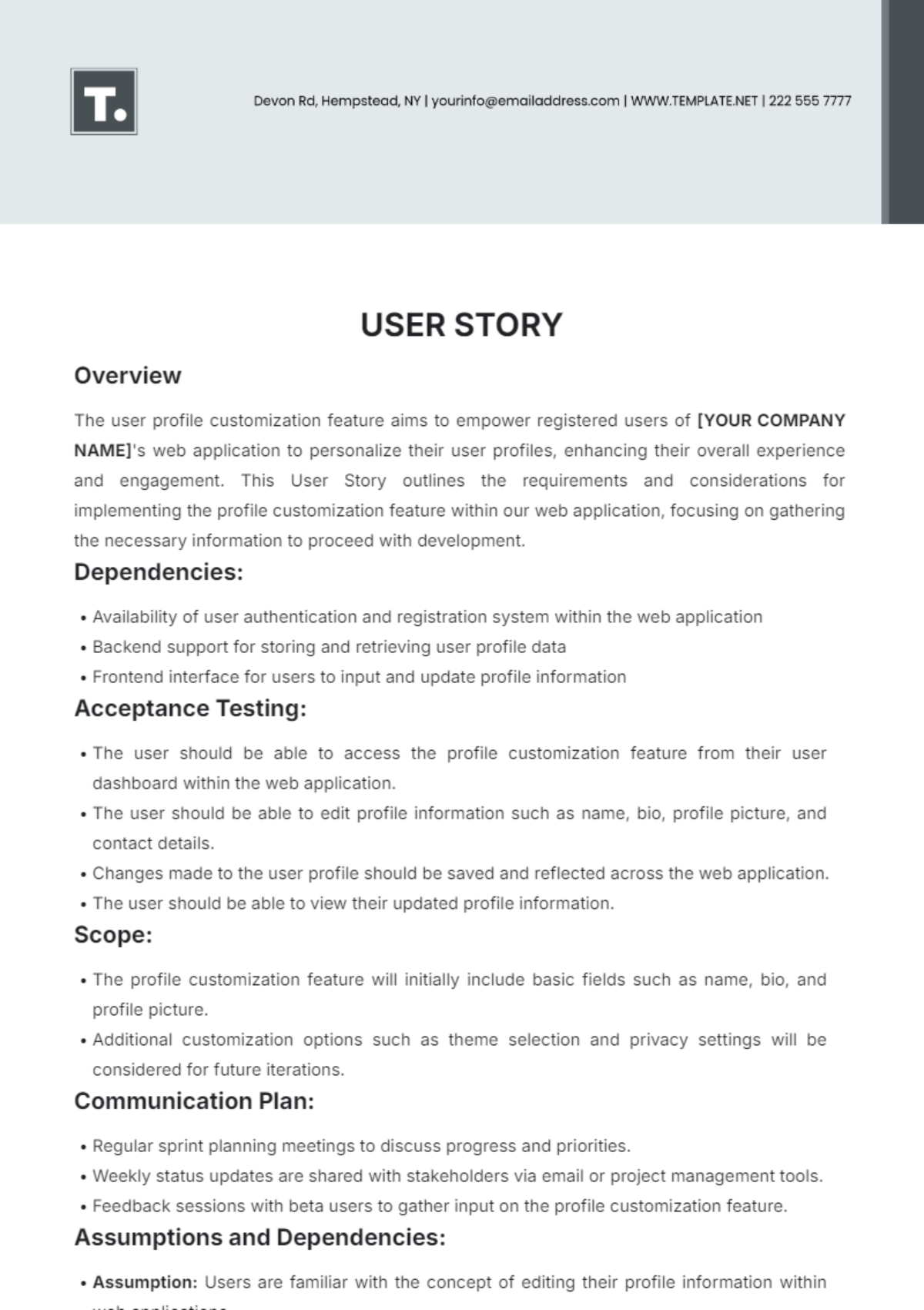 User Story Template - Edit Online & Download