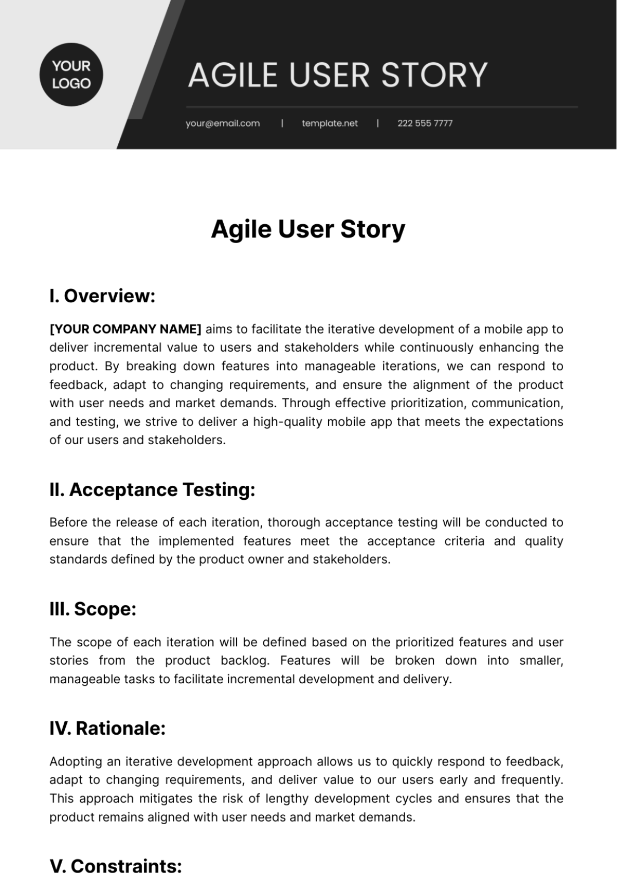 Free Agile User Story Template