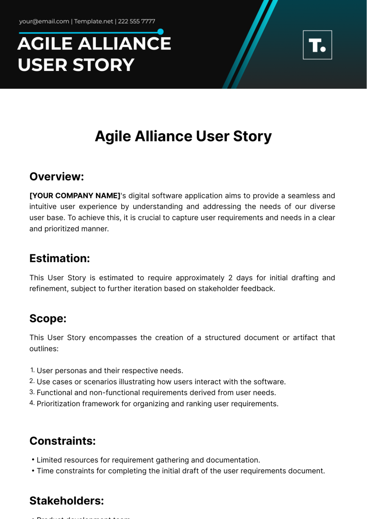 Free Agile Alliance User Story Template