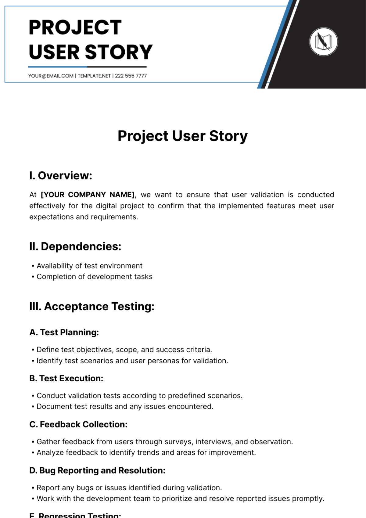 Free Project User Story Template