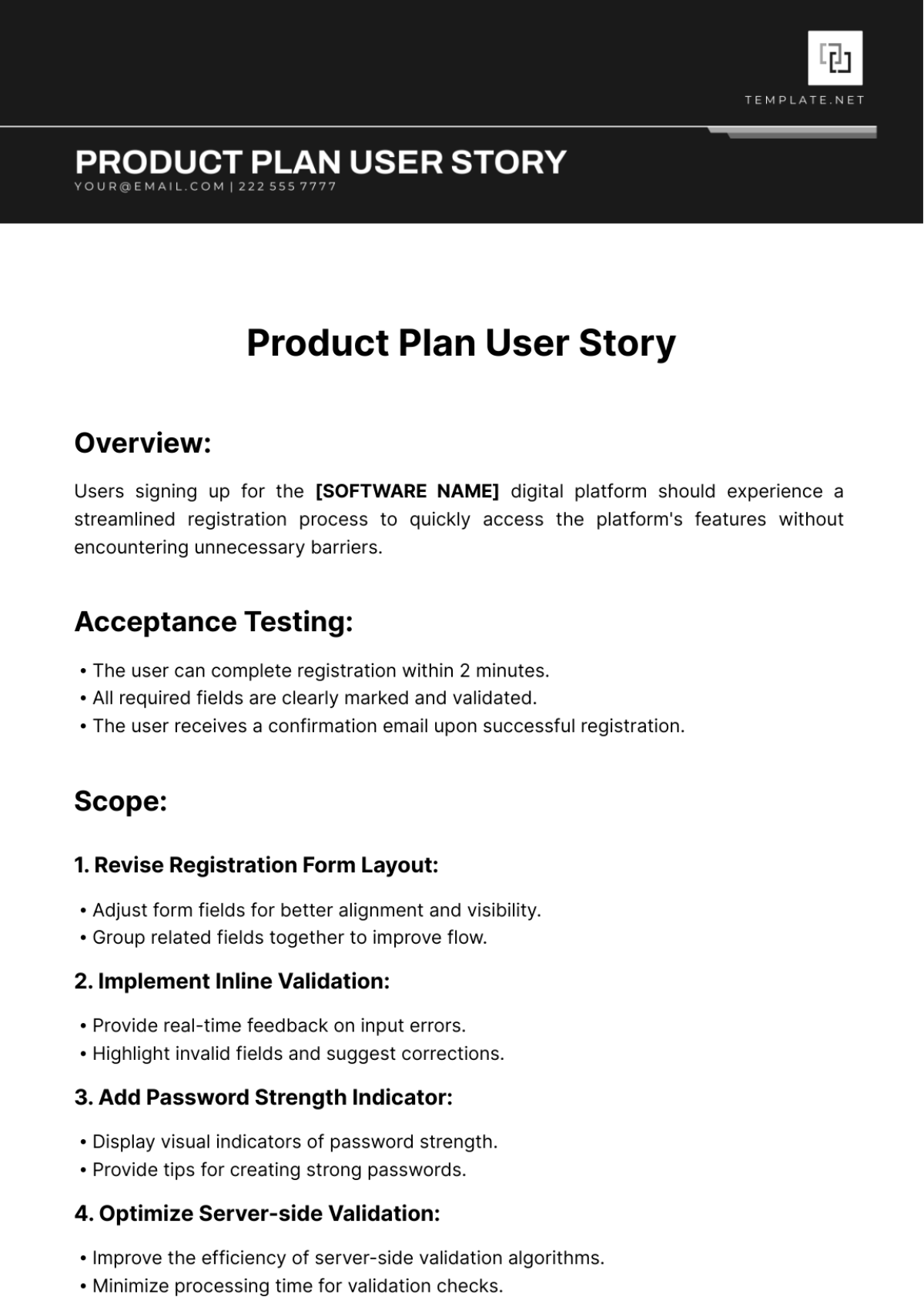 Free Product Plan User Story Template