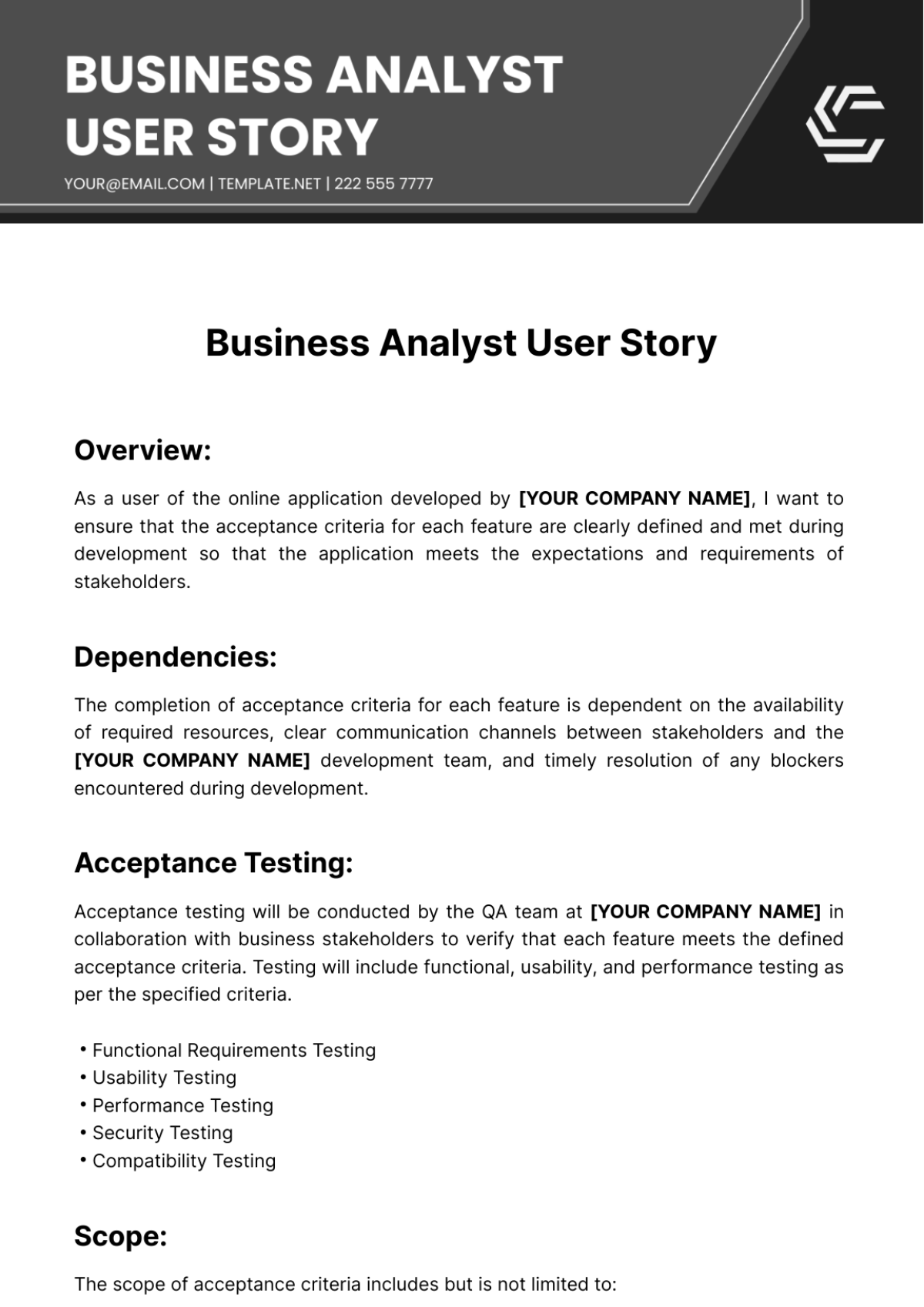 Free Business Analysis User Story Template
